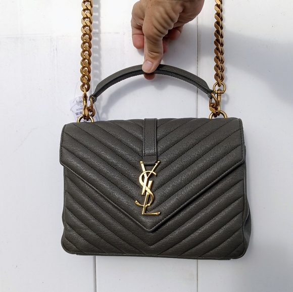 NEW SAINT LAURENT COLLEGE MEDIUM CHAIN BAG IN QUILTED LEATHER GREY GOLD - Picture 2 of 16